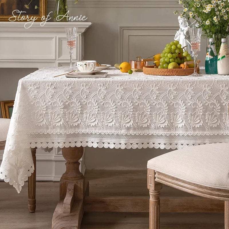 Toalha de mesa bordada luxuosa de renda branca