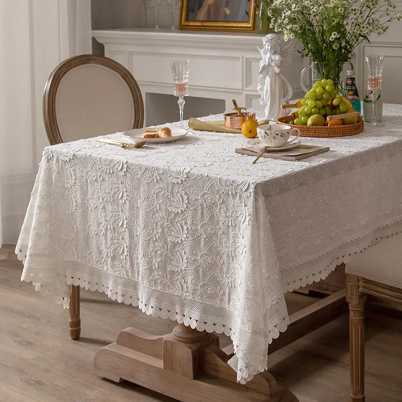 Toalha de mesa bordada luxuosa de renda branca