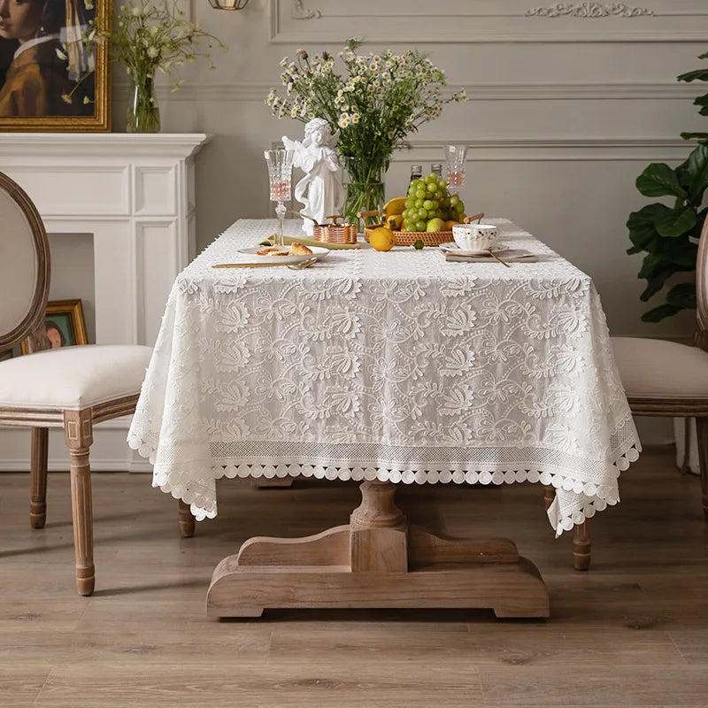Toalha de mesa bordada luxuosa de renda branca