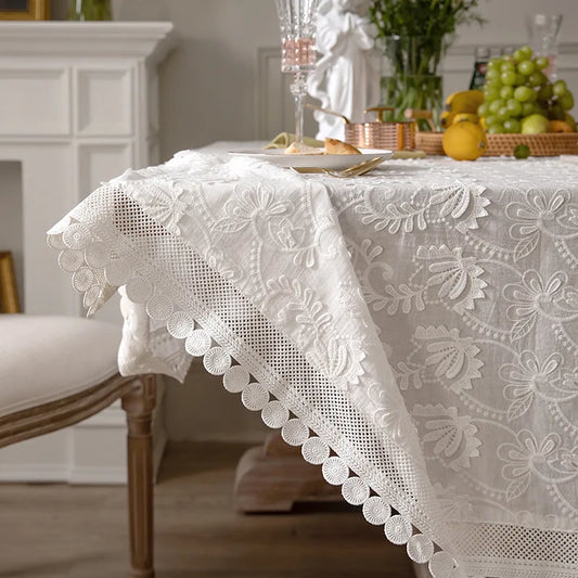 Toalha de mesa bordada luxuosa de renda branca